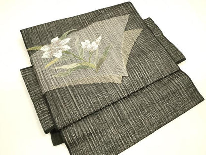 平和屋着物＊夏物 つけ帯 草花文 黒地 銀糸 正絹 逸品 DABA0363cm