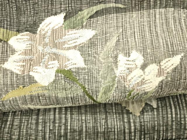 平和屋着物＊夏物 つけ帯 草花文 黒地 銀糸 正絹 逸品 DABA0363cm