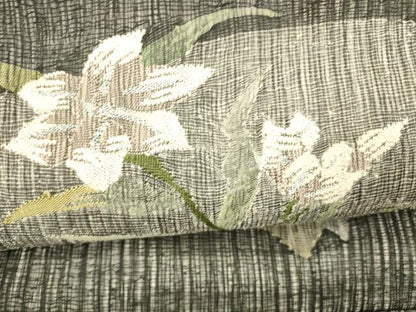 平和屋着物＊夏物 つけ帯 草花文 黒地 銀糸 正絹 逸品 DABA0363cm