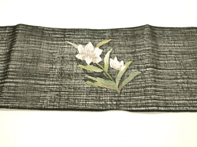 平和屋着物＊夏物　つけ帯　流水草花文　黒地　金銀糸　正絹　逸品　DABD6674cm 平和屋着物＊夏物 つけ帯 流水草花文 黒地 金銀糸 正絹 逸品