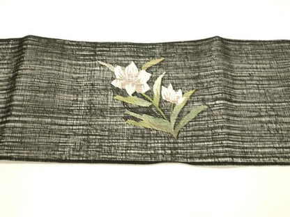 平和屋着物＊夏物 つけ帯 草花文 黒地 銀糸 正絹 逸品 DABA0363cm