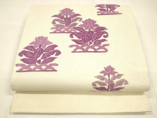 平和屋着物＊夏物 太鼓柄袋帯 総刺繍 名物裂 草花文 銀糸 正絹 逸品 DABA0380cm