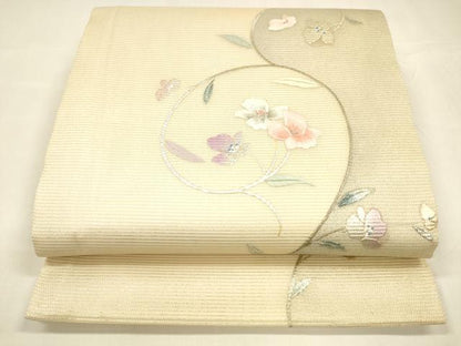 平和屋着物＊夏物 九寸開き名古屋帯 刺繍 枝花文 銀彩 正絹 逸品 DABA0381cm