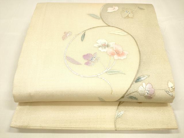 平和屋着物＊夏物 九寸開き名古屋帯 刺繍 枝花文 銀彩 正絹 逸品 DABA0381cm