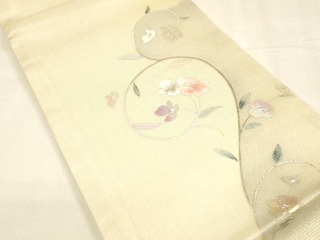 平和屋着物＊夏物 九寸開き名古屋帯 刺繍 枝花文 銀彩 正絹 逸品 DABA0381cm
