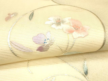 平和屋着物＊夏物 九寸開き名古屋帯 刺繍 枝花文 銀彩 正絹 逸品 DABA0381cm