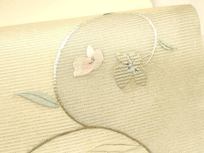 平和屋着物＊夏物 九寸開き名古屋帯 刺繍 枝花文 銀彩 正絹 逸品 DABA0381cm