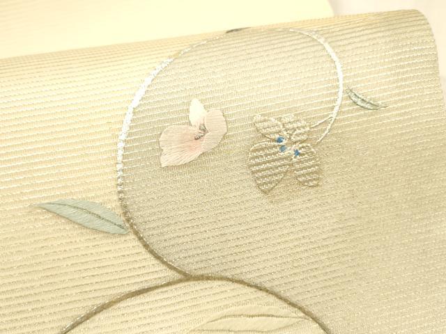 平和屋着物＊夏物 九寸開き名古屋帯 刺繍 枝花文 銀彩 正絹 逸品 DABA0381cm