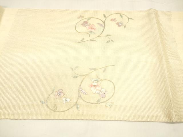 平和屋着物＊夏物 九寸開き名古屋帯 刺繍 枝花文 銀彩 正絹 逸品 DABA0381cm