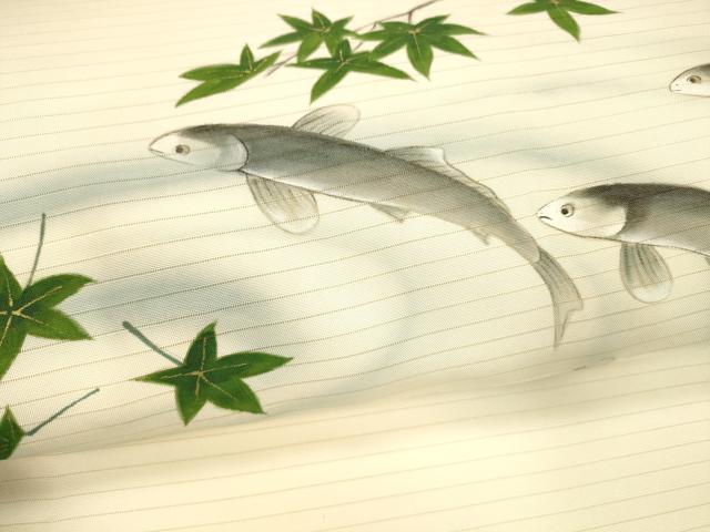 平和屋着物＊夏物 絽塩瀬 九寸名古屋帯 手描き 竜田川 魚 金彩 正絹 逸品 DABA0384cm