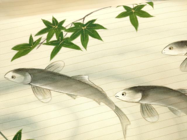 平和屋着物＊夏物 絽塩瀬 九寸名古屋帯 手描き 竜田川 魚 金彩 正絹 逸品 DABA0384cm