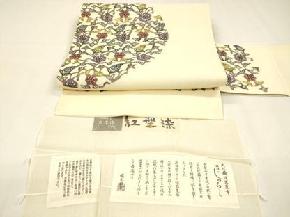平和屋着物＊夏物 九寸名古屋帯 天然繭絹芭蕉布 紅型染 草花文 証紙付き 正絹 逸品 DABA0385cm