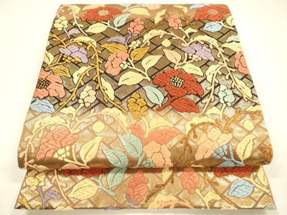 平和屋着物●六通柄袋帯　唐織　草花文　金糸　正絹　逸品　DABA0433cm