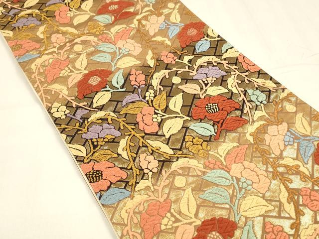 平和屋着物●六通柄袋帯　唐織　草花文　金糸　正絹　逸品　DABA0433cm