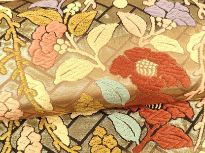 平和屋着物●六通柄袋帯　唐織　草花文　金糸　正絹　逸品　DABA0433cm