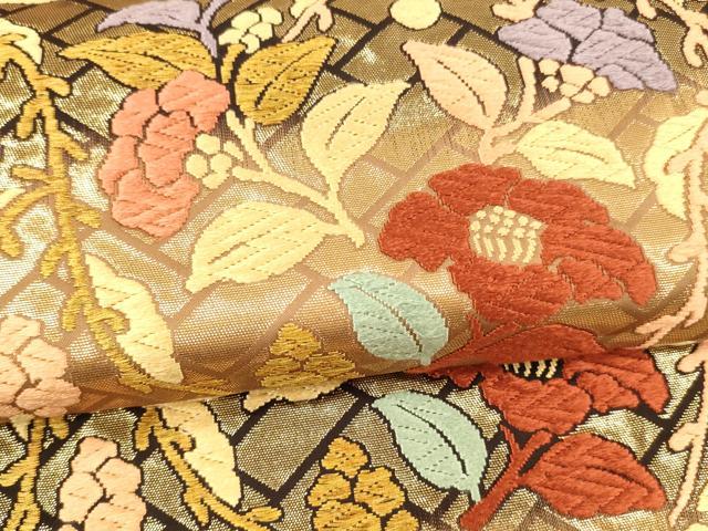 平和屋着物●六通柄袋帯　唐織　草花文　金糸　正絹　逸品　DABA0433cm