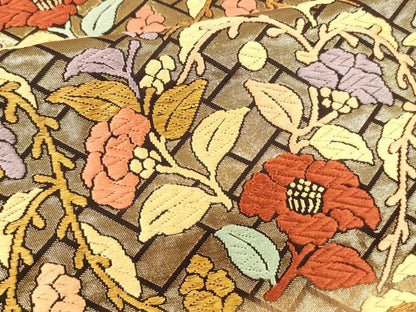 平和屋着物●六通柄袋帯　唐織　草花文　金糸　正絹　逸品　DABA0433cm