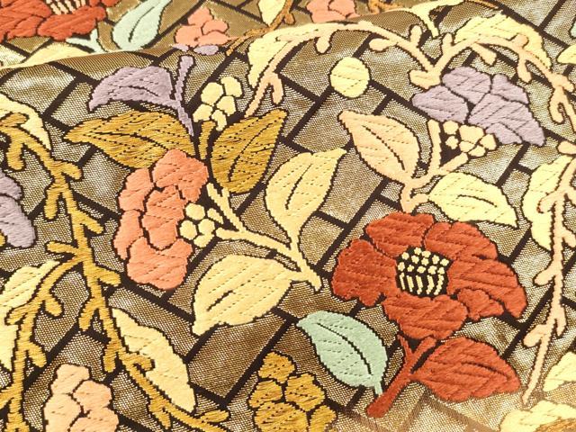 平和屋着物●六通柄袋帯　唐織　草花文　金糸　正絹　逸品　DABA0433cm