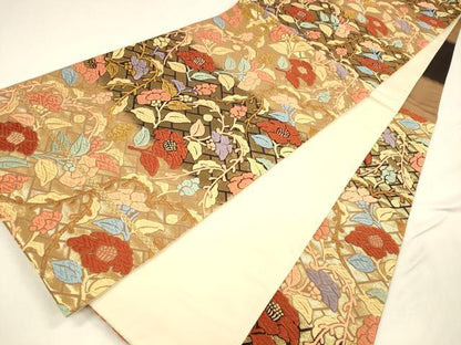 平和屋着物●六通柄袋帯　唐織　草花文　金糸　正絹　逸品　DABA0433cm