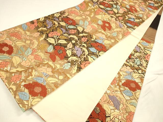 平和屋着物●六通柄袋帯　唐織　草花文　金糸　正絹　逸品　DABA0433cm