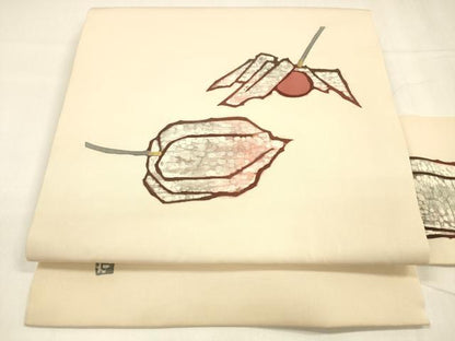 平和屋着物●塩瀬　九寸名古屋帯　ろうけつ染め　作家物　成り物　金糸　正絹　逸品　DABA0436cm