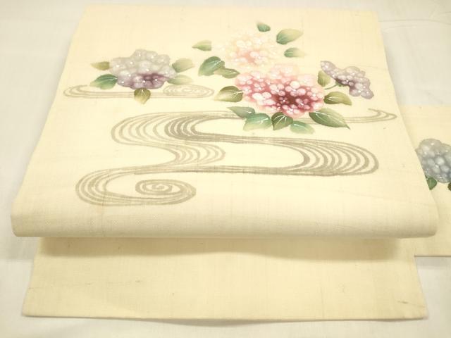 平和屋着物＊夏物 九寸名古屋帯 手描き 流水紫陽花 麻 逸品 DABA0460cm