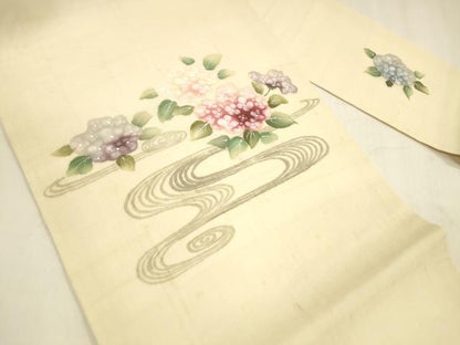 平和屋着物＊夏物 九寸名古屋帯 手描き 流水紫陽花 麻 逸品 DABA0460cm