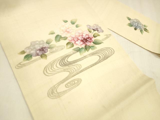 平和屋着物＊夏物 九寸名古屋帯 手描き 流水紫陽花 麻 逸品 DABA0460cm