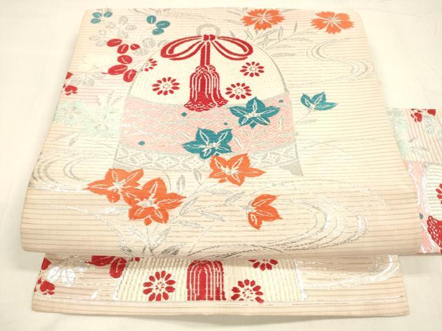 平和屋着物＊夏物 アンティーク 大正ロマン 絽塩瀬 九寸名古屋帯 唐織 流水仕覆花文 銀糸 正絹 逸品 DABA0461cm