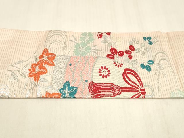 平和屋着物＊夏物 アンティーク 大正ロマン 絽塩瀬 九寸名古屋帯 唐織 流水仕覆花文 銀糸 正絹 逸品 DABA0461cm