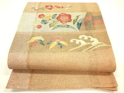 平和屋着物＊夏物 太鼓柄袋帯 枝花立波文 金彩 正絹 逸品 DABA0462cm