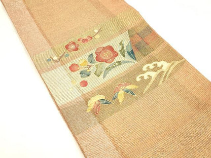 平和屋着物＊夏物 太鼓柄袋帯 枝花立波文 金彩 正絹 逸品 DABA0462cm