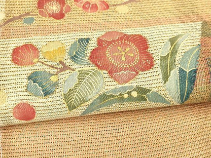 平和屋着物＊夏物 太鼓柄袋帯 枝花立波文 金彩 正絹 逸品 DABA0462cm
