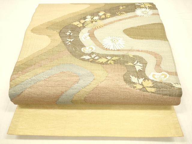 平和屋着物＊夏物 太鼓柄袋帯 流水草花文 金銀糸 正絹 逸品 DABA0465cm