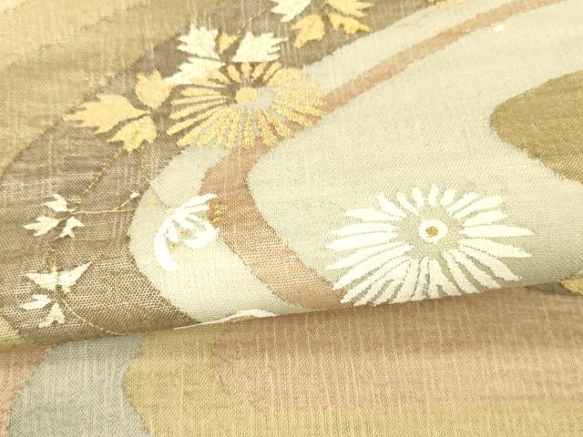 平和屋着物＊夏物 太鼓柄袋帯 流水草花文 金銀糸 正絹 逸品 DABA0465cm