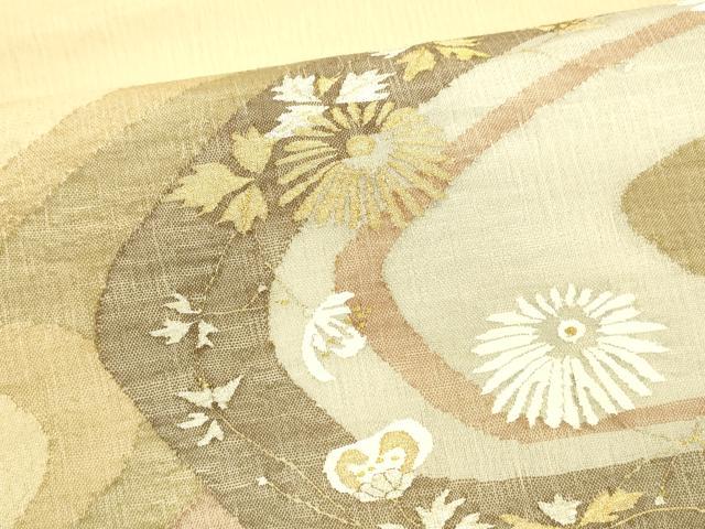 平和屋着物＊夏物 太鼓柄袋帯 流水草花文 金銀糸 正絹 逸品 DABA0465cm