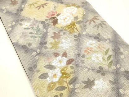 平和屋着物＊夏物　太鼓柄袋帯　草花文　金彩　正絹　逸品　DABA0472cm