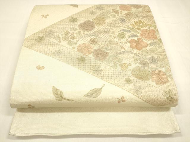 平和屋着物＊夏物 中国三大刺繍 スワトウ刺繍 汕頭刺繍 総刺繍 太鼓柄袋帯 草花文 銀糸 正絹 逸品 DABA0475cm