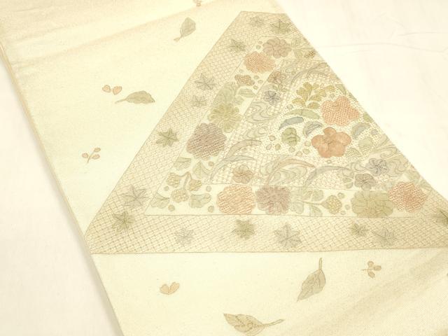 平和屋着物＊夏物 中国三大刺繍 スワトウ刺繍 汕頭刺繍 総刺繍 太鼓柄袋帯 草花文 銀糸 正絹 逸品 DABA0475cm