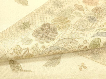 平和屋着物＊夏物 中国三大刺繍 スワトウ刺繍 汕頭刺繍 総刺繍 太鼓柄袋帯 草花文 銀糸 正絹 逸品 DABA0475cm