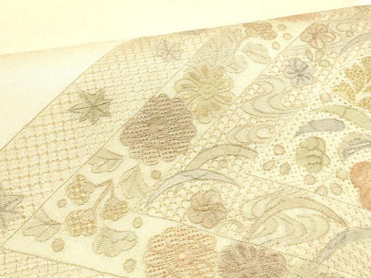 平和屋着物＊夏物 中国三大刺繍 スワトウ刺繍 汕頭刺繍 総刺繍 太鼓柄袋帯 草花文 銀糸 正絹 逸品 DABA0475cm