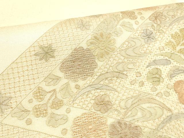 平和屋着物＊夏物 中国三大刺繍 スワトウ刺繍 汕頭刺繍 総刺繍 太鼓柄袋帯 草花文 銀糸 正絹 逸品 DABA0475cm
