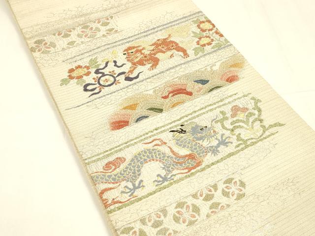 平和屋着物＊夏物 アンティーク 大正ロマン 九寸開き名古屋帯 横段花文 龍 唐獅子 金銀糸 正絹 逸品 DABA0476cm