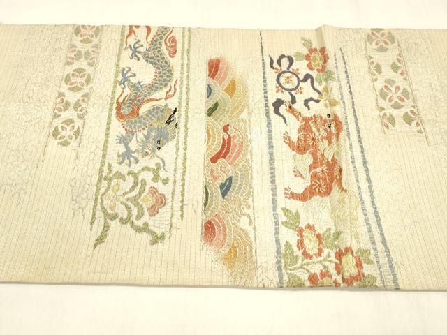 平和屋着物＊夏物 アンティーク 大正ロマン 九寸開き名古屋帯 横段花文 龍 唐獅子 金銀糸 正絹 逸品 DABA0476cm