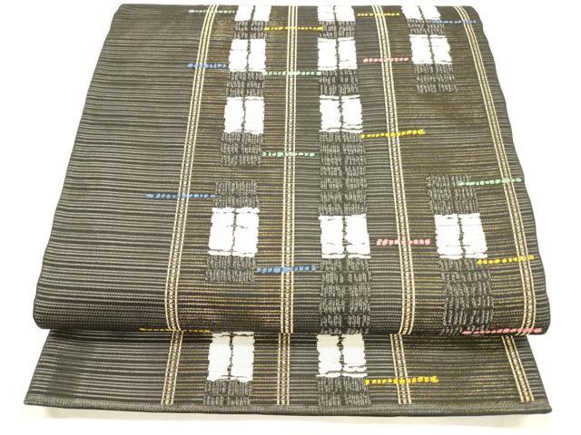 平和屋着物＊夏物 六通柄袋帯 抽象間道 黒地 金糸 正絹 逸品 DABA0480cm