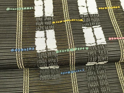 平和屋着物＊夏物 六通柄袋帯 抽象間道 黒地 金糸 正絹 逸品 DABA0480cm