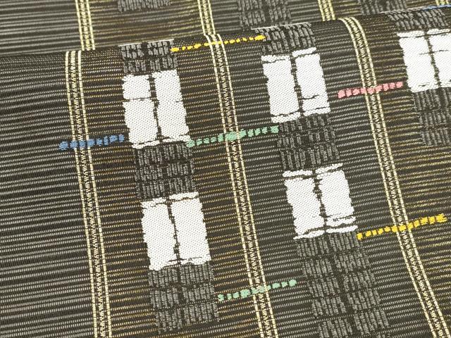 平和屋着物＊夏物 六通柄袋帯 抽象間道 黒地 金糸 正絹 逸品 DABA0480cm