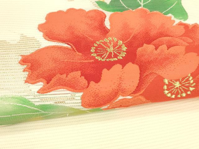 平和屋着物＊夏物 九寸開き名古屋帯 草花文 金銀糸 正絹 逸品 DABA0482cm