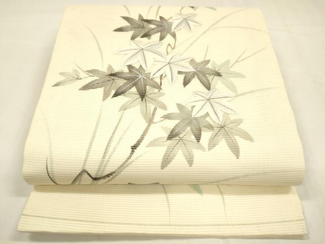 平和屋着物＊夏物 九寸開き名古屋帯 作家物 手描き 刺繍 枝葉文 銀彩 正絹 逸品 DABA0499cm