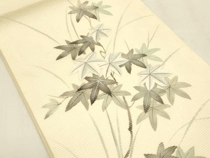 平和屋着物＊夏物 九寸開き名古屋帯 作家物 手描き 刺繍 枝葉文 銀彩 正絹 逸品 DABA0499cm